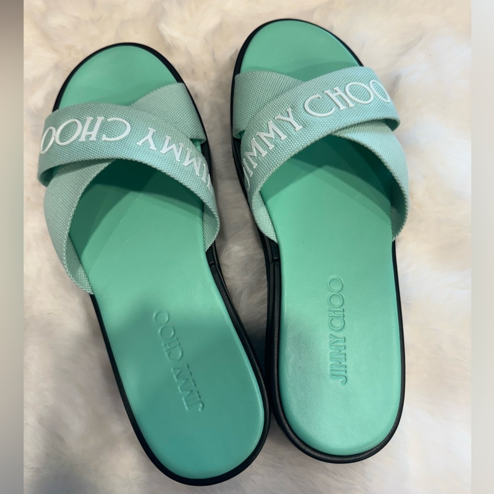 Jimmy Choo Green Canvas Logo Wedge Sandals - Picture 8 of 10